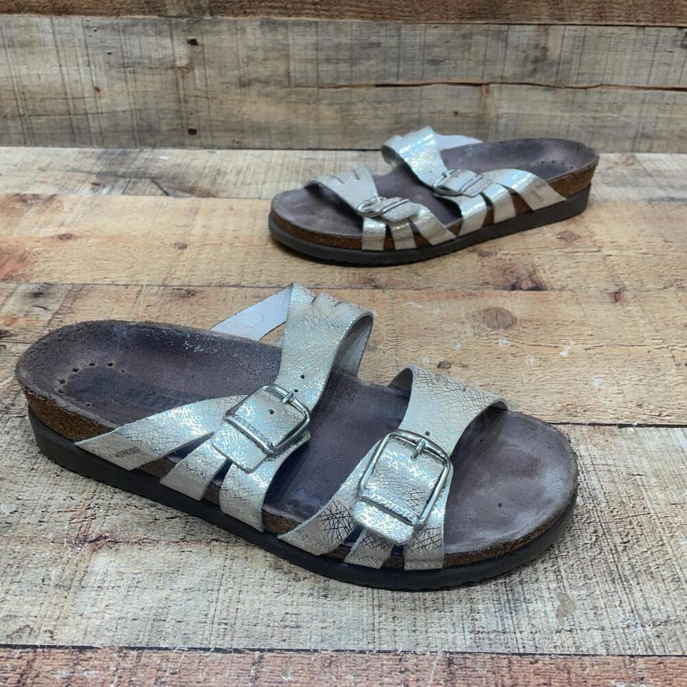 Mephisto Sandals Womens Size 8.5 39 Silver Leather Strappy Slide Comfort Shoes